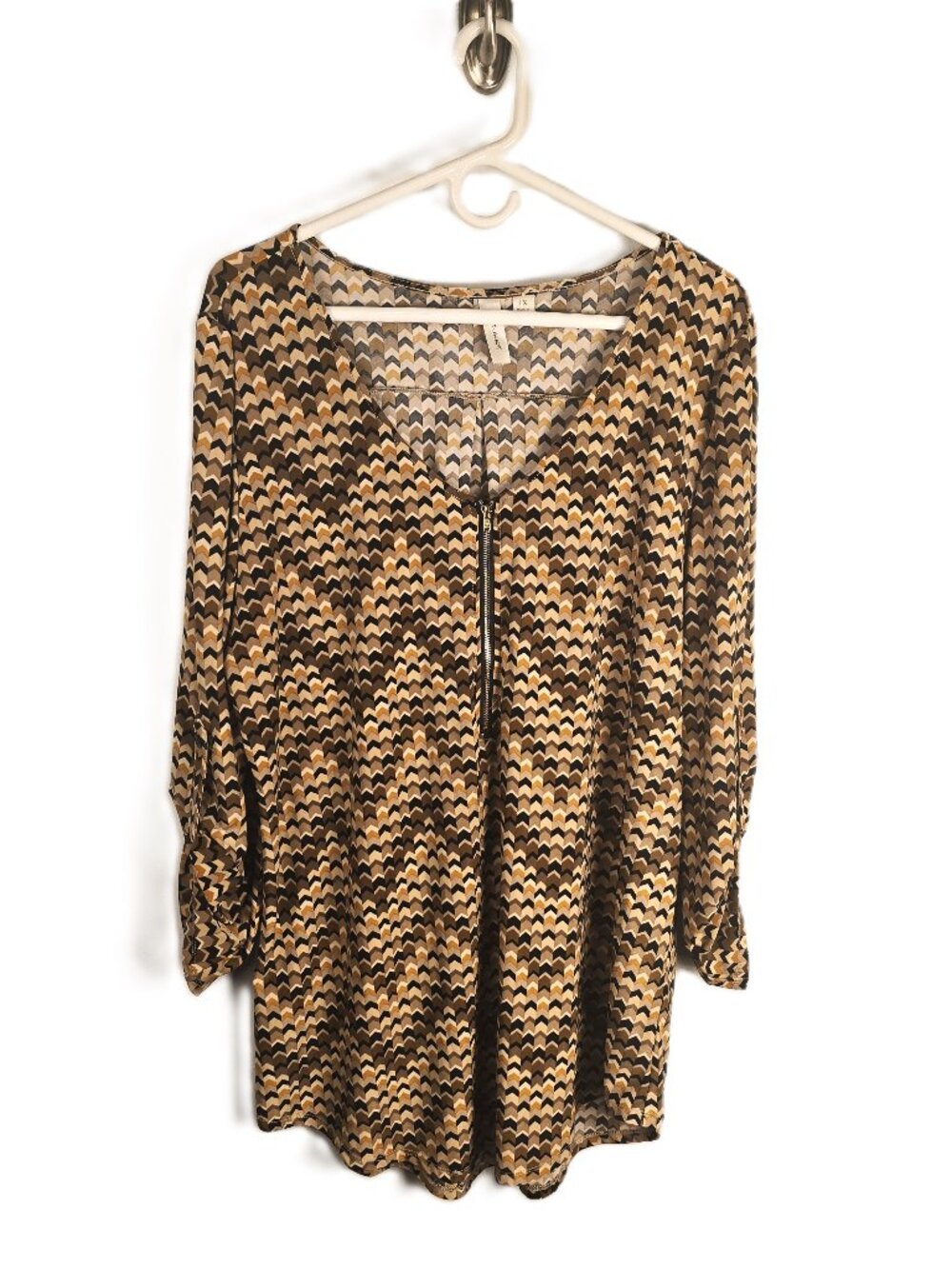 Tacera Womens Tunic Size 1X Brown Gold Chevron Roll Tab Sleeves 1/4 Zip Long Top